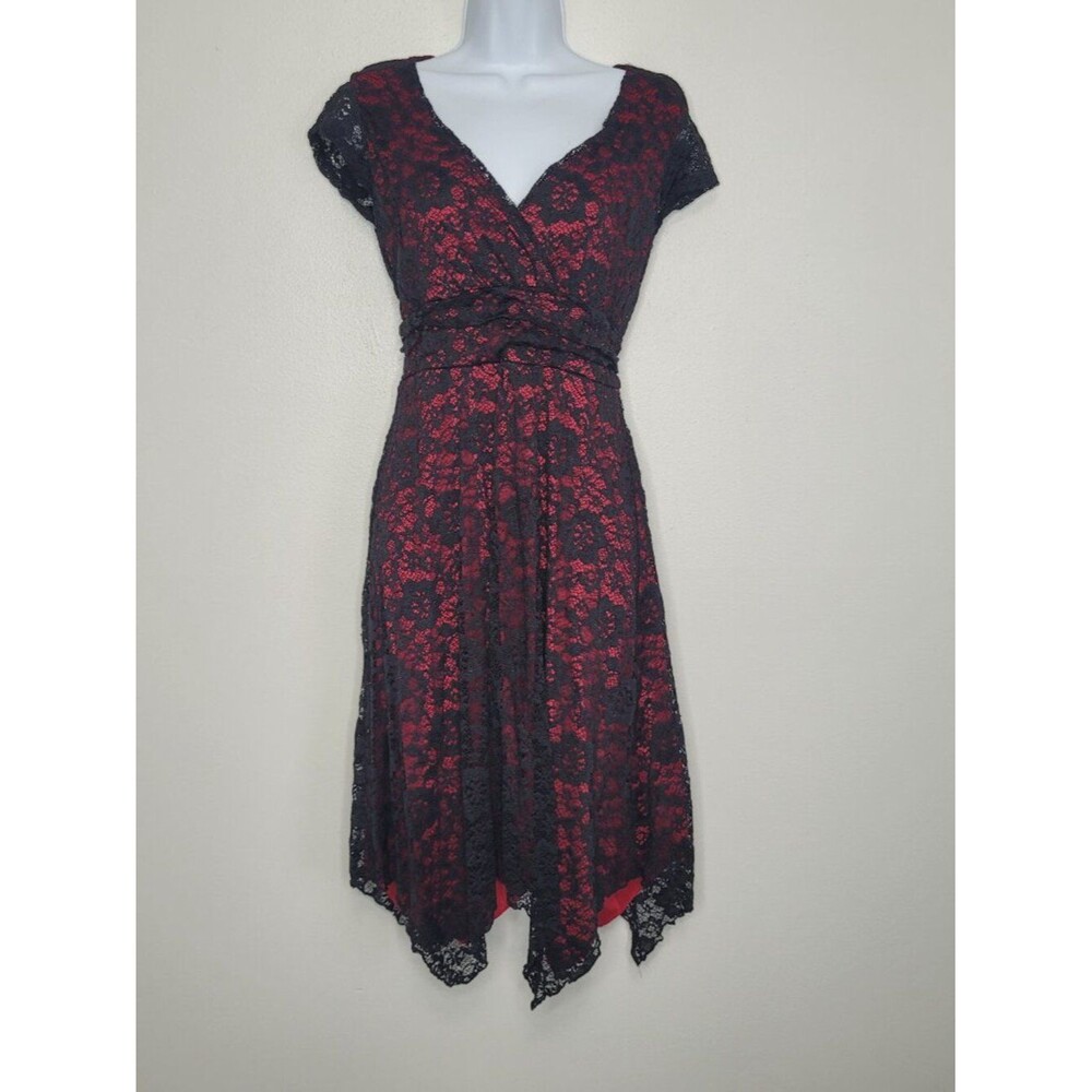 y2k Studio 1940 black red vamp grunge lace over lay tie back handkerchief dress